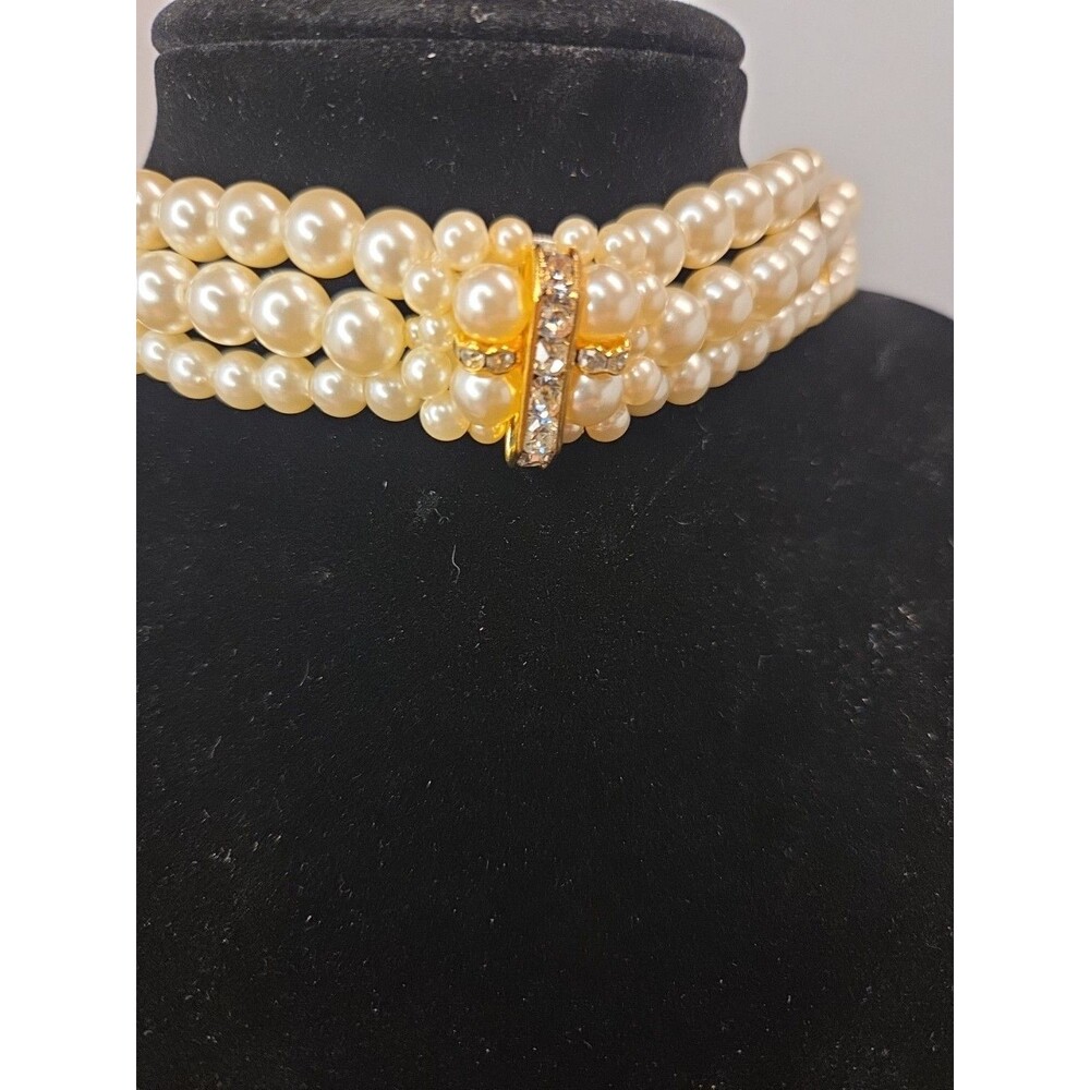 Vintage 3 Strand Faux Pearl Bridal Choker Goldtone & Rhinestone Accents 12"-16"